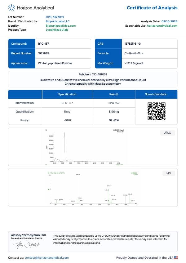 First page of the purity report for lot DPS-3323019