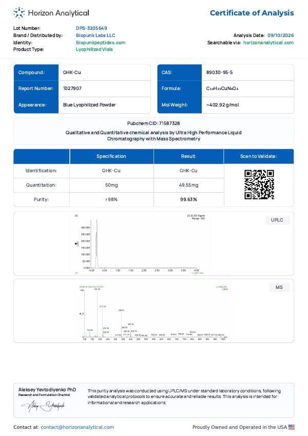 First page of the purity report for lot DPS-3205649