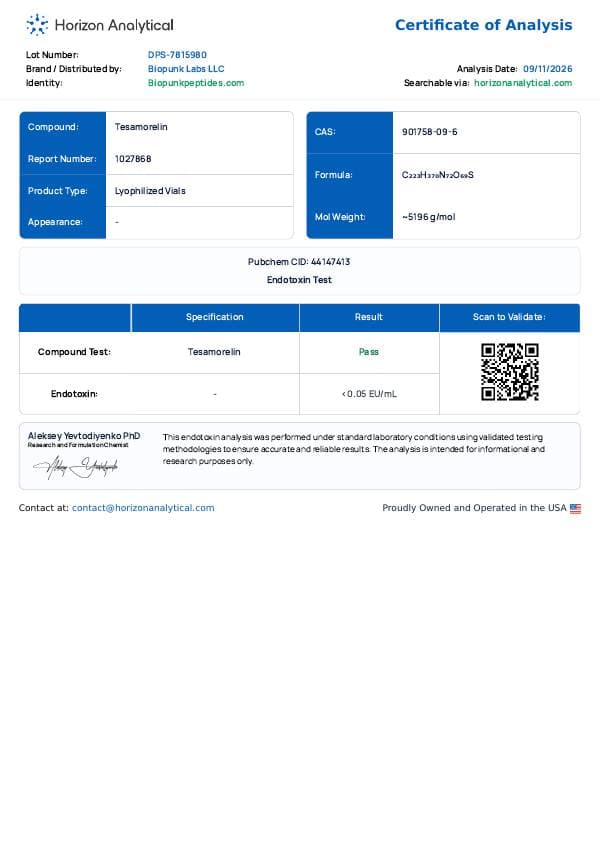 First page of the endotoxin report for lot DPS-7815980