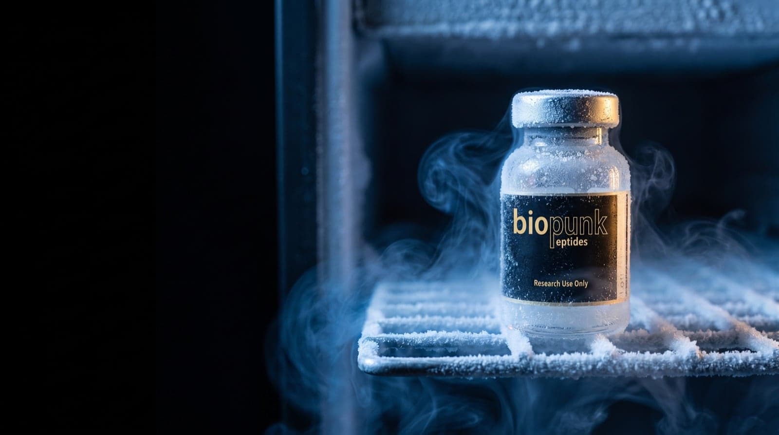 A Biopunk Peptides research vial in a frosted laboratory freezer rack