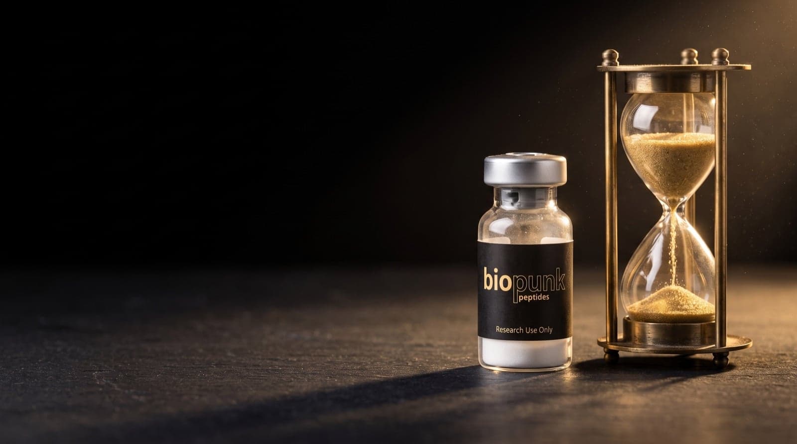 A Biopunk Peptides research vial with freeze-dried powder next to a brass hourglass