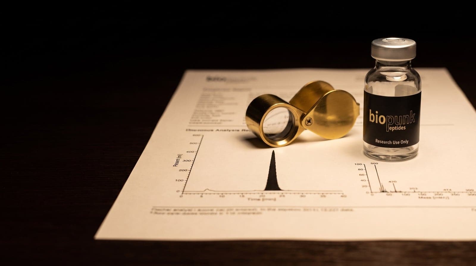 A laboratory analysis report with a chromatogram, a brass loupe and a Biopunk Peptides research vial
