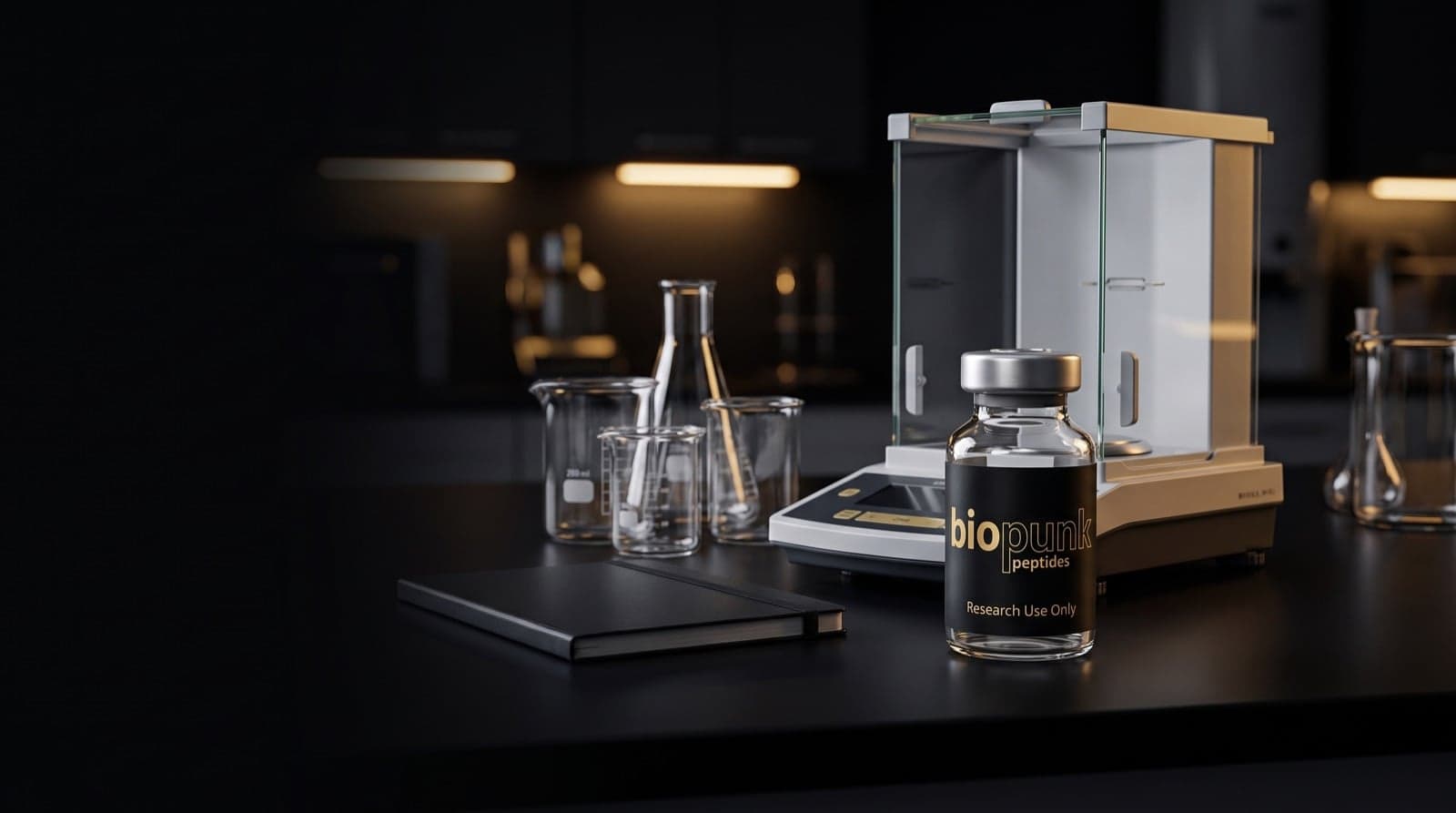 A Biopunk Peptides research vial on a dark laboratory bench next to an analytical balance